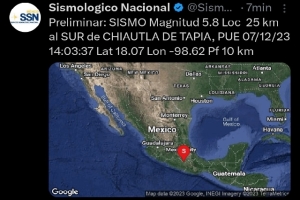 Se registra sismo de 5.8 en Puebla