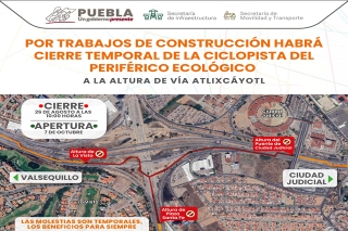 Ciclopista “Periférico Ecológico-Vía Atlixcáyotl”, permanecerá cerrado por obra