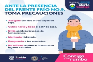 Protección Civil Municipal de Puebla, emite recomendaciones ante el frente frío número 9 