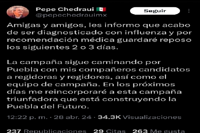 Pepe Chedraui se ausentará de campaña por Influenza