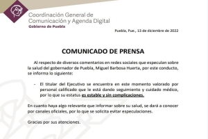 Gobierno de Puebla aclara estado de salud de Miguel Barbosa