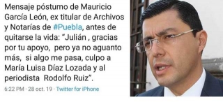 Suicido de ex director de archivos y Notaría de Puebla, fue provocado por el periodista Rodolfo Ruiz y María Luisa Díaz; revela carta póstuma