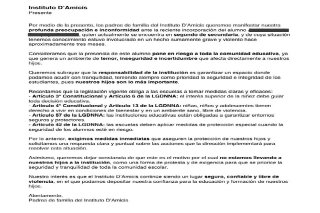 Padres de familia se niegan llevar a sus hijos al instituto D&#039;amicis en protesta por la inscripción de un menor acusado de asesinato